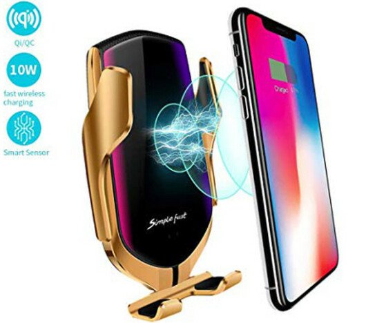 Suport auto cu incarcator wireless iUni R2, Smart Sensor, USB C, functie Fast Charge, Gold